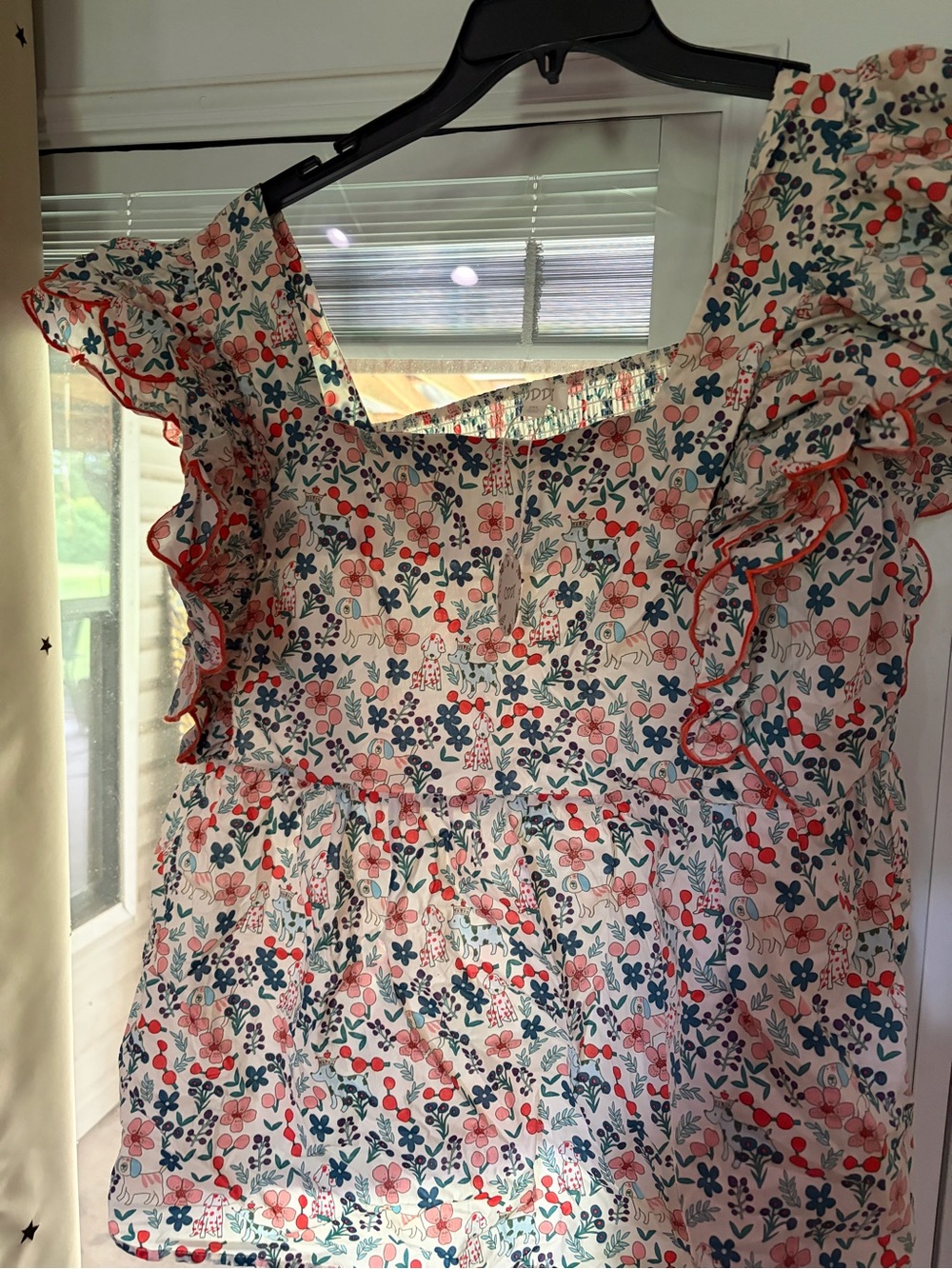 ODDY White Floral Ruffle Sleeved Blouse with Pink & Blue Accents